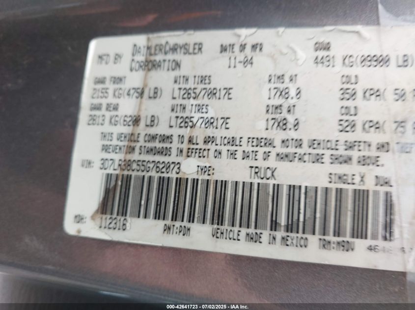 2005 Dodge Ram 3500 Slt/Laramie VIN: 3D7LR38C55G762073 Lot: 42641723