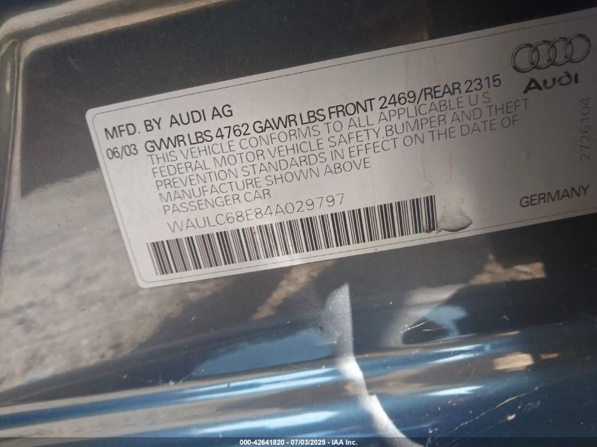 2004 Audi A4 1.8T VIN: WAULC68E84A029797 Lot: 42641820