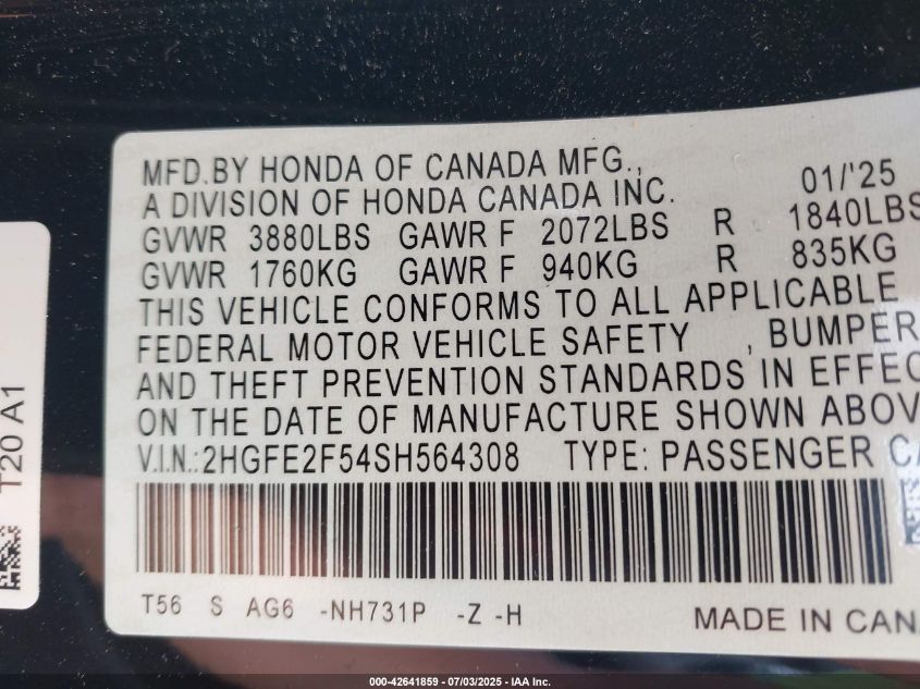 2025 Honda Civic Sport VIN: 2HGFE2F54SH564308 Lot: 42641859