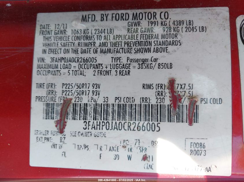 2012 Ford Fusion Sel VIN: 3FAHP0JA0CR266005 Lot: 42641880