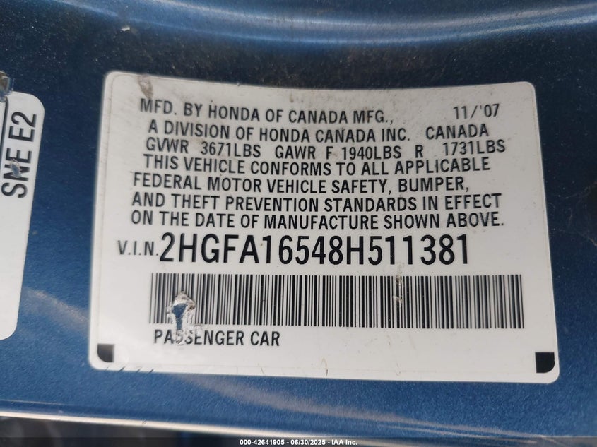 2008 HONDA CIVIC VIN: 2HGFA16548H511381