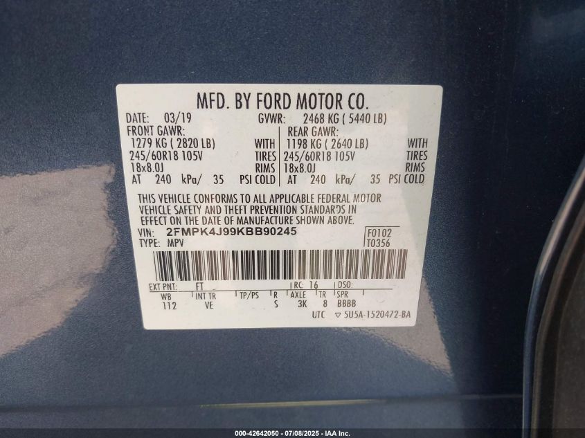 2019 FORD EDGE SEL - 2FMPK4J99KBB90245