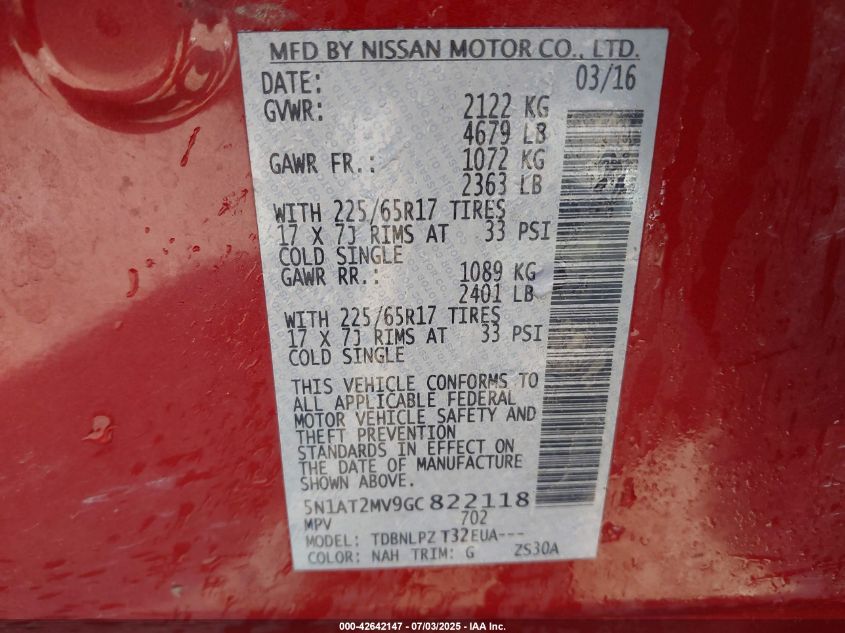 2016 Nissan Rogue S/Sl/Sv VIN: 5N1AT2MV9GC822118 Lot: 42642147