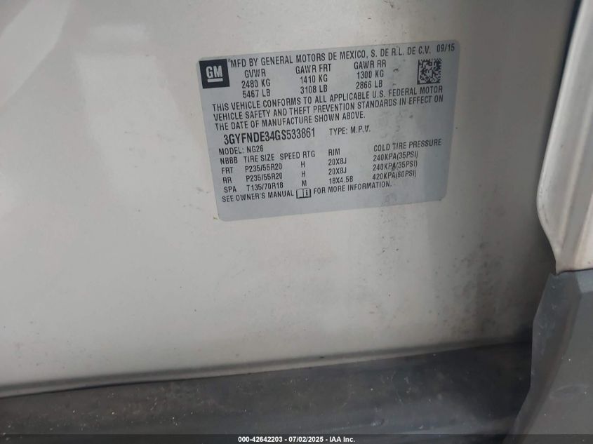 2016 Cadillac Srx Premium Collection VIN: 3GYFNDE34GS533861 Lot: 42642203