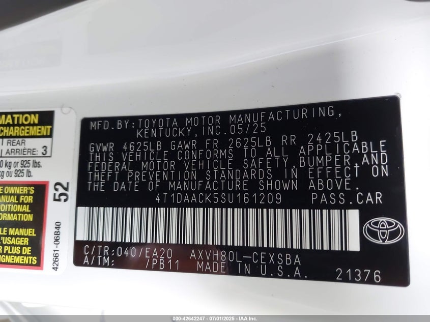 VIN 4T1DAACK5SU161209 2025 TOYOTA CAMRY SE