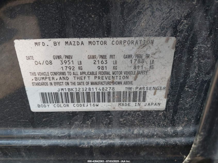2008 Mazda Mazda3 S Sport VIN: JM1BK323281148278 Lot: 42642363