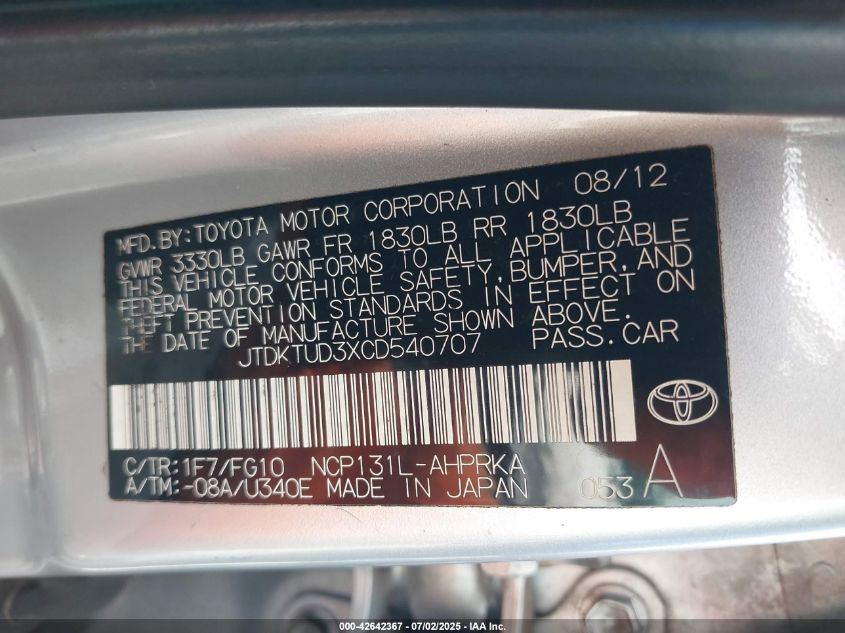 2012 Toyota Yaris L VIN: JTDKTUD3XCD540707 Lot: 43260927