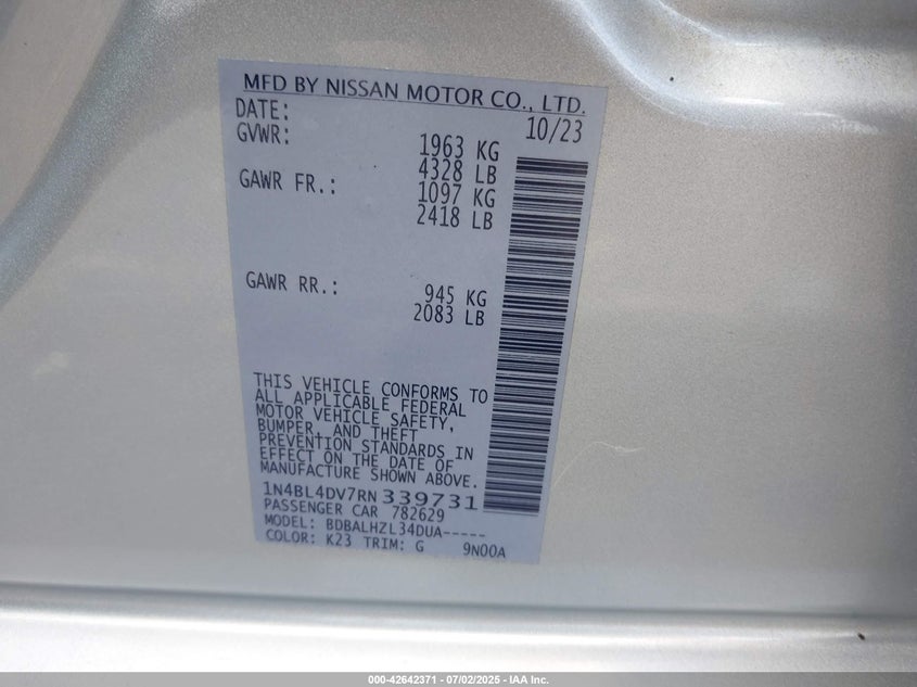 2024 NISSAN ALTIMA VIN: 1N4BL4DV7RN339731