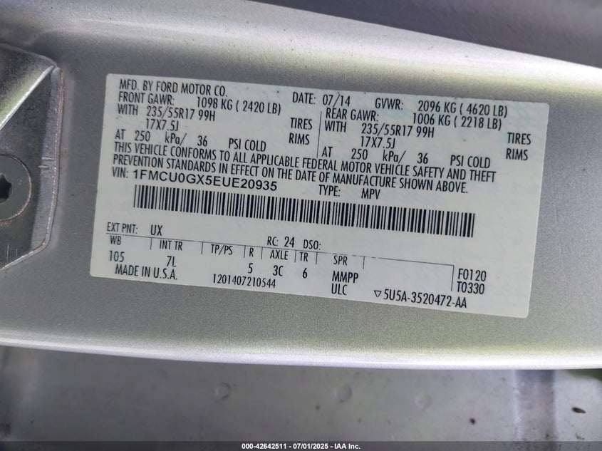 2014 FORD ESCAPE VIN: 1FMCU0GX5EUE20935