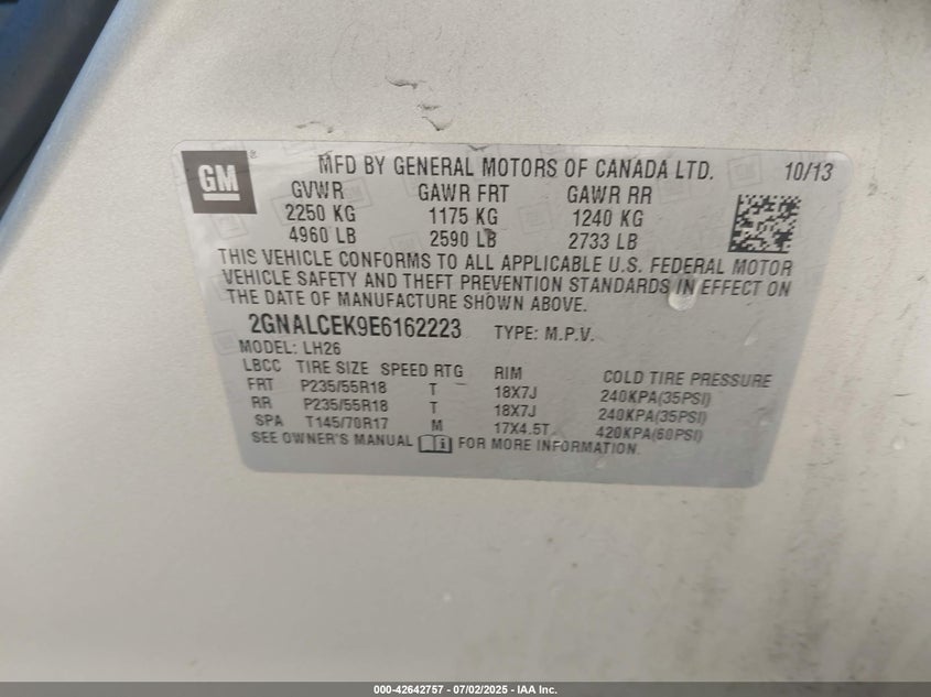 2014 CHEVROLET EQUINOX VIN: 2GNALCEK9E6162223