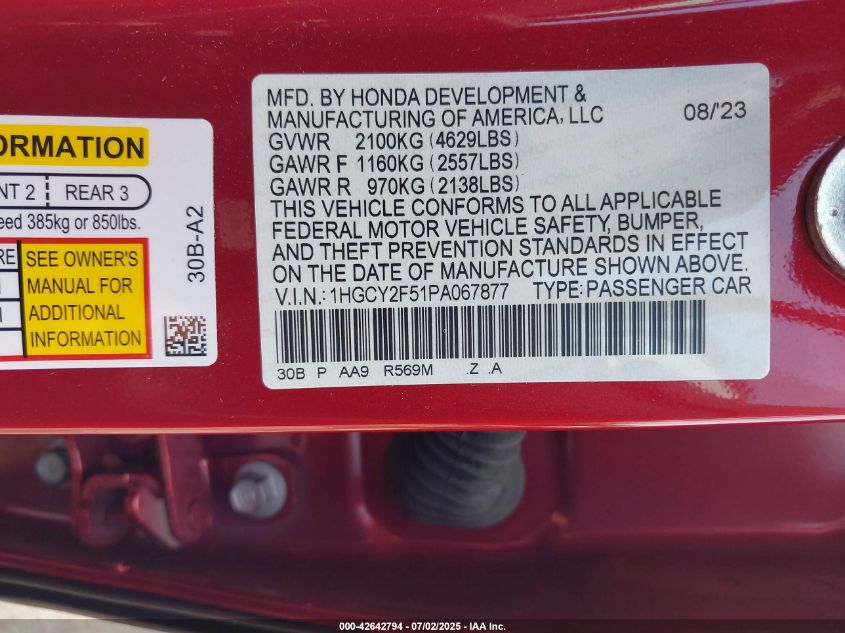 2023 Honda Accord Hybrid Sport VIN: 1HGCY2F51PA067877 Lot: 42642794