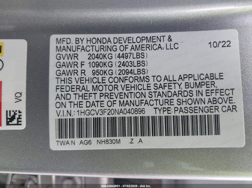 2022 Honda Accord - 1HGCV3F20NA040896