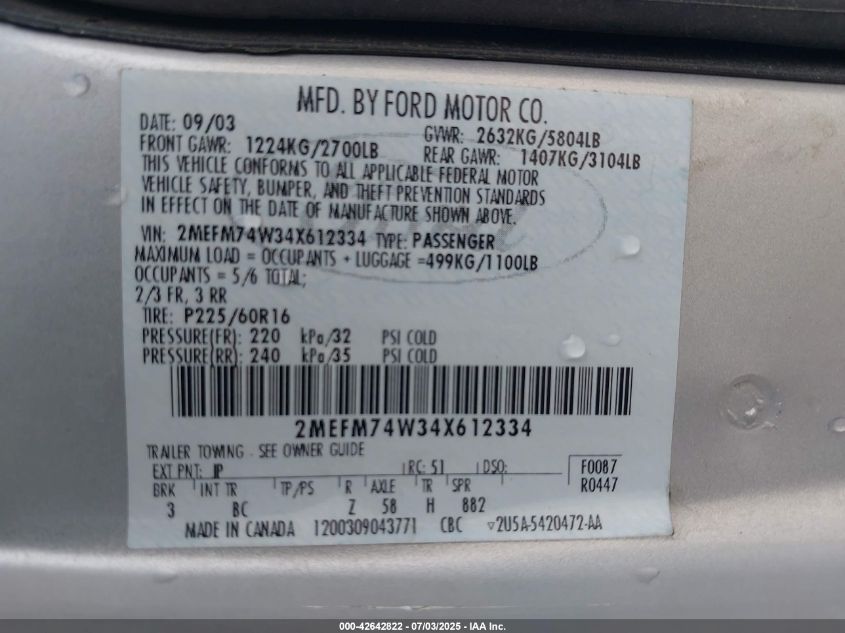 2004 Mercury Grand Marquis Gs VIN: 2MEFM74W34X612334 Lot: 42642822
