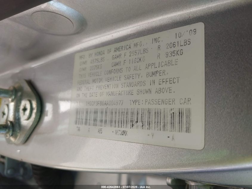 2010 Honda Accord 3.5 Ex-L VIN: 1HGCP3F86AA004977 Lot: 42642863