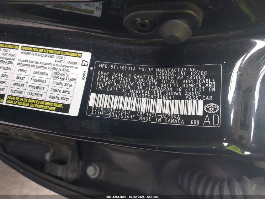 2009 Toyota Corolla Le VIN: 2T1BU40EX9C018041 Lot: 42642899