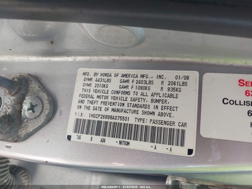 2008 HONDA ACCORD VIN: 1HGCP26898A075501