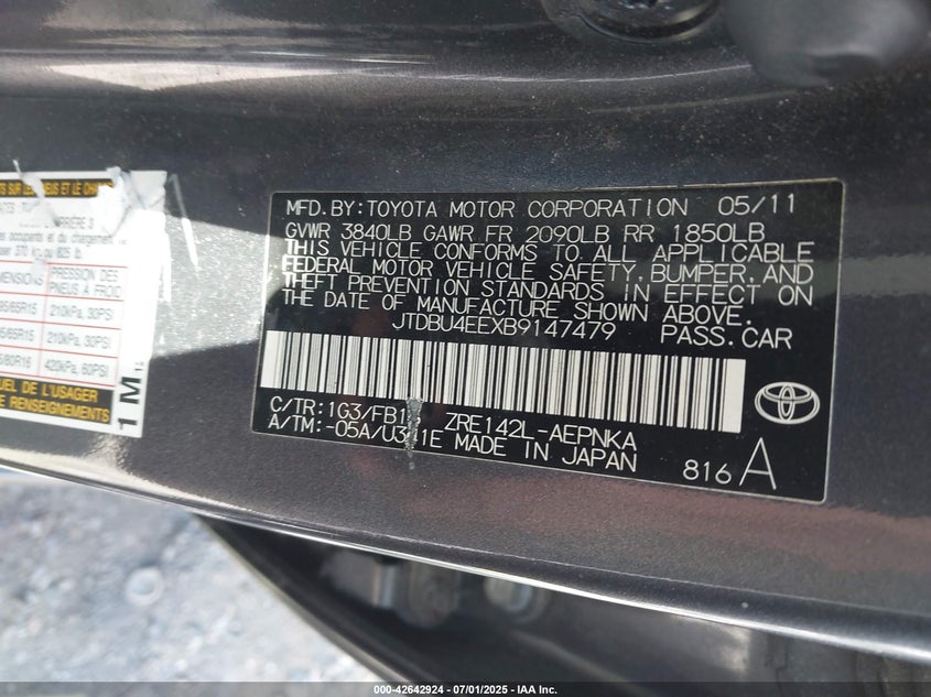 2011 TOYOTA COROLLA VIN: JTDBU4EEXB9147479