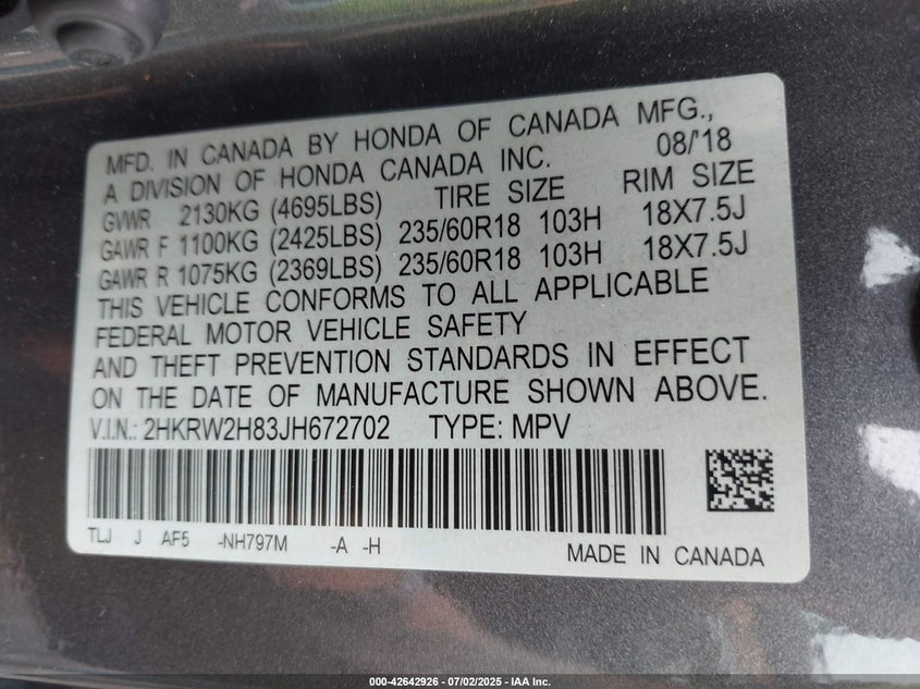 2018 HONDA CR-V EX-L/EX-L NAVI - 2HKRW2H83JH672702