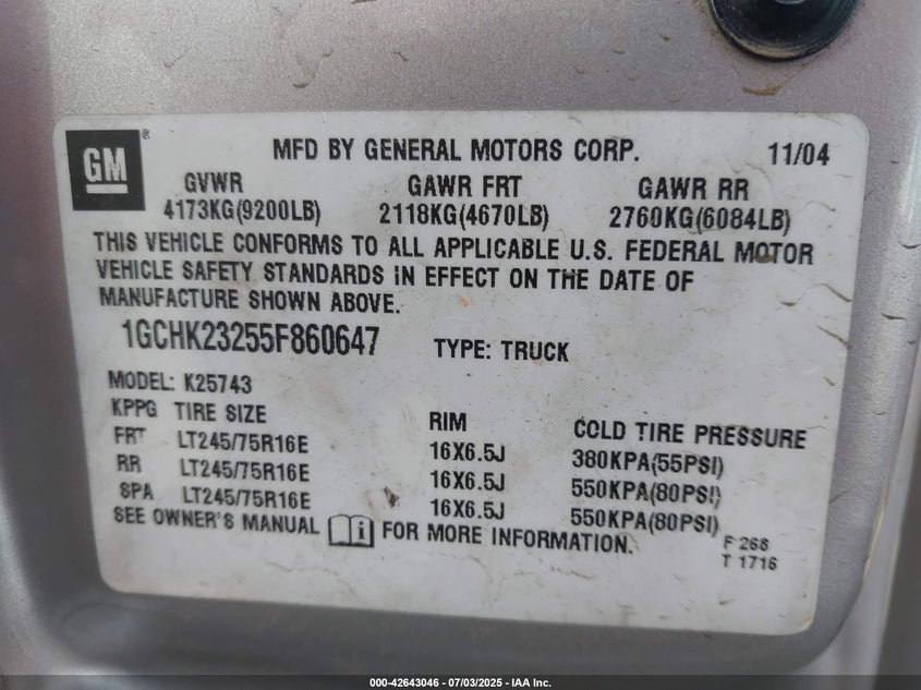 2005 Chevrolet Silverado 2500Hd Lt VIN: 1GCHK23255F860647 Lot: 42643046