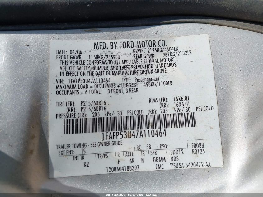 2007 Ford Taurus Se VIN: 1FAFP53U47A110464 Lot: 42643072