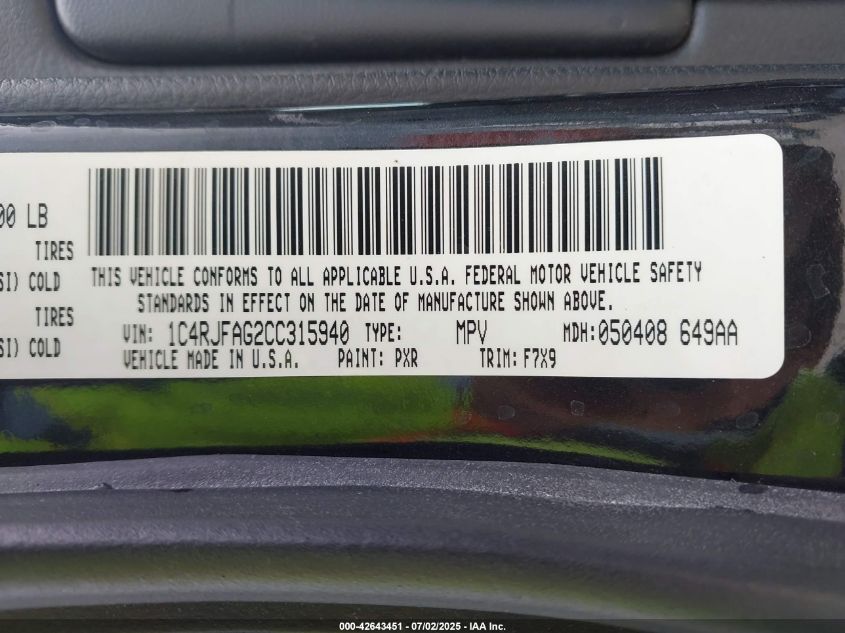 2012 Jeep Grand Cherokee Laredo VIN: 1C4RJFAG2CC315940 Lot: 42643451