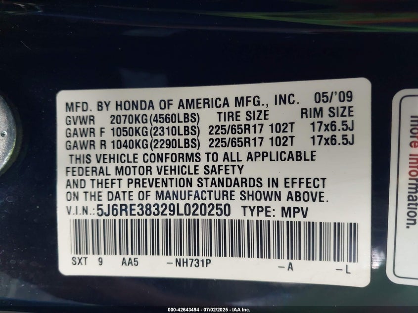 2009 HONDA CR-V VIN: 5J6RE38329L020250