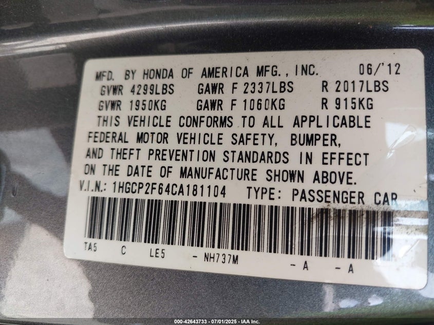 2012 HONDA ACCORD VIN: 1HGCP2F64CA181104
