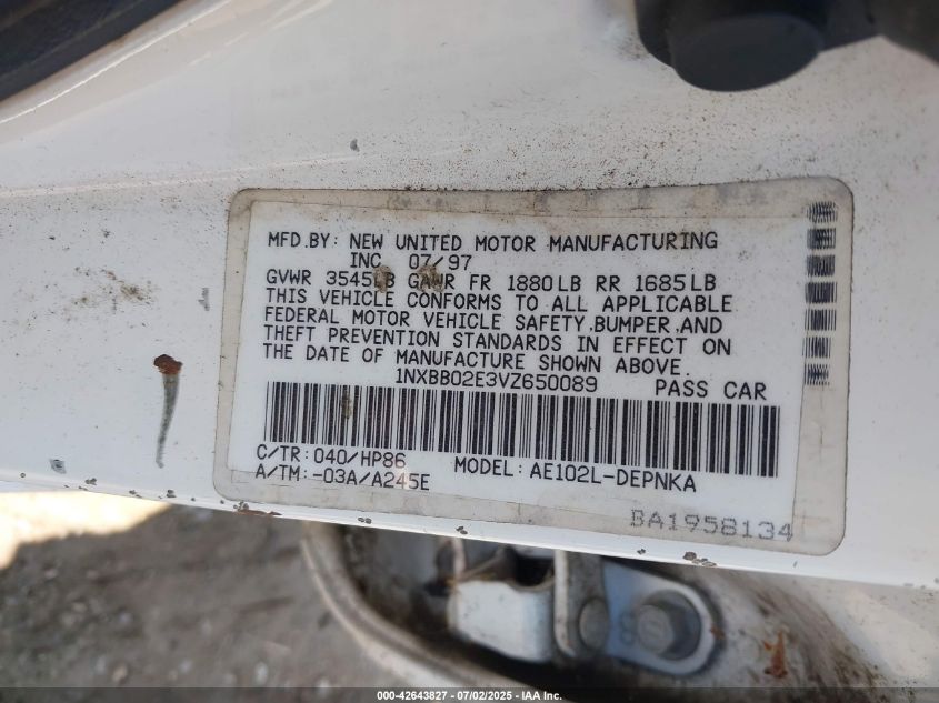 1997 Toyota Corolla Dx VIN: 1NXBB02E3VZ650089 Lot: 42643827