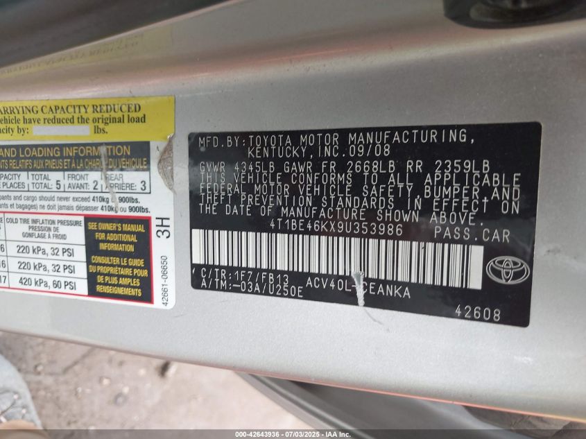 2009 Toyota Camry Le VIN: 4T1BE46KX9U353986 Lot: 42643936