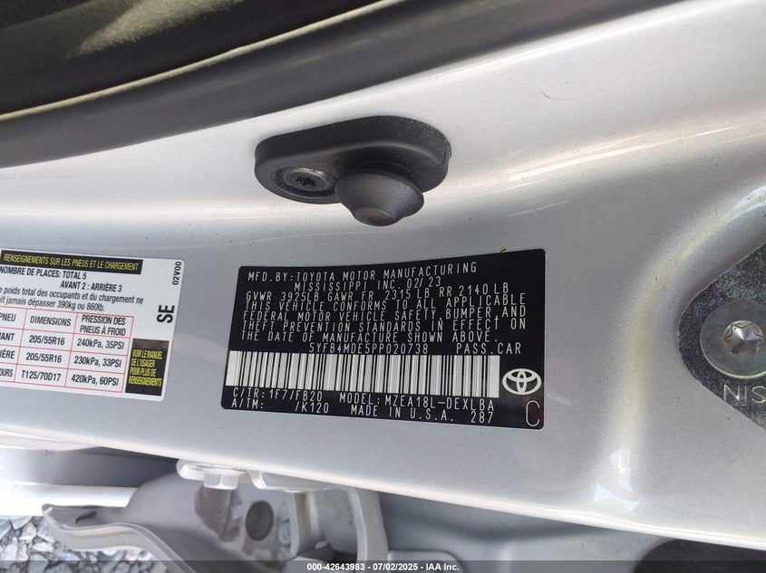 2023 TOYOTA COROLLA VIN: 5YFB4MDE5PP020738