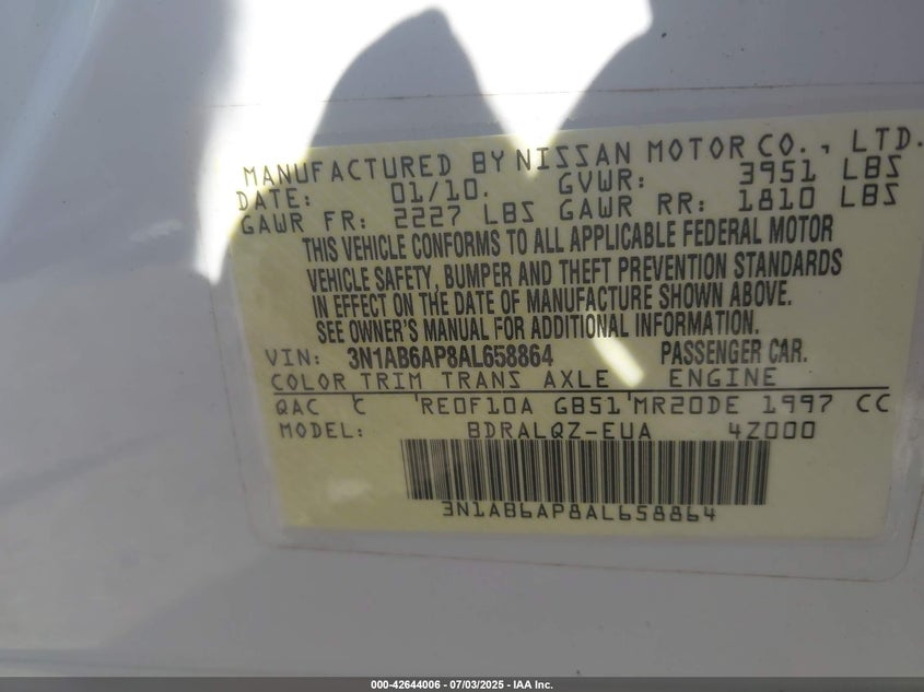 2010 NISSAN SENTRA VIN: 3N1AB6AP8AL658864