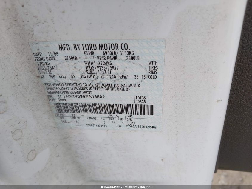 2009 Ford F-150 Stx/Xl/Xlt VIN: 1FTRX14899FA18502 Lot: 42644150