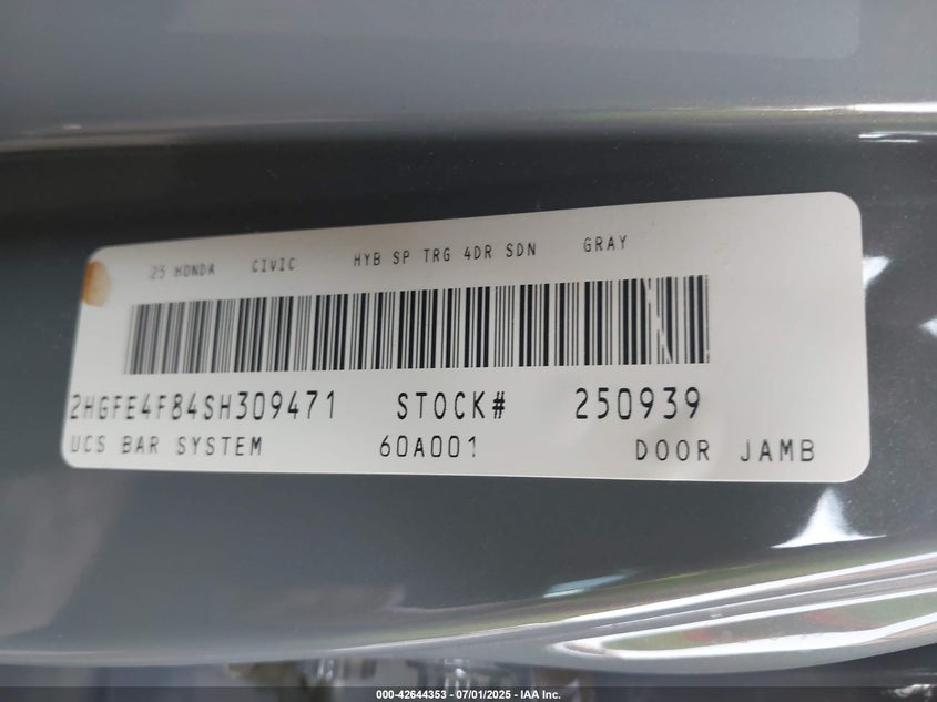 VIN 2HGFE4F84SH309471 2025 HONDA CIVIC HYBRID SPORT/SPORT TOURING