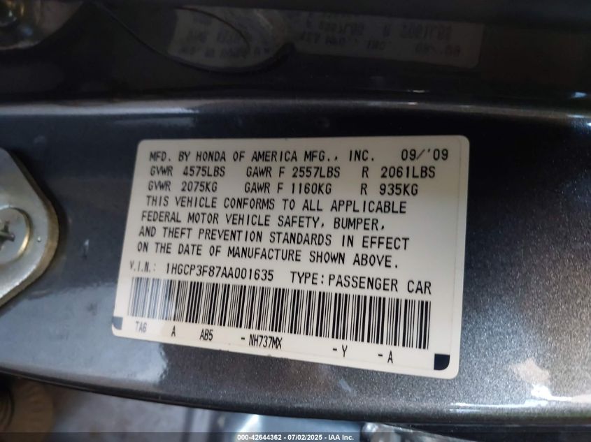 2010 Honda Accord 3.5 Ex-L VIN: 1HGCP3F87AA001635 Lot: 42644362