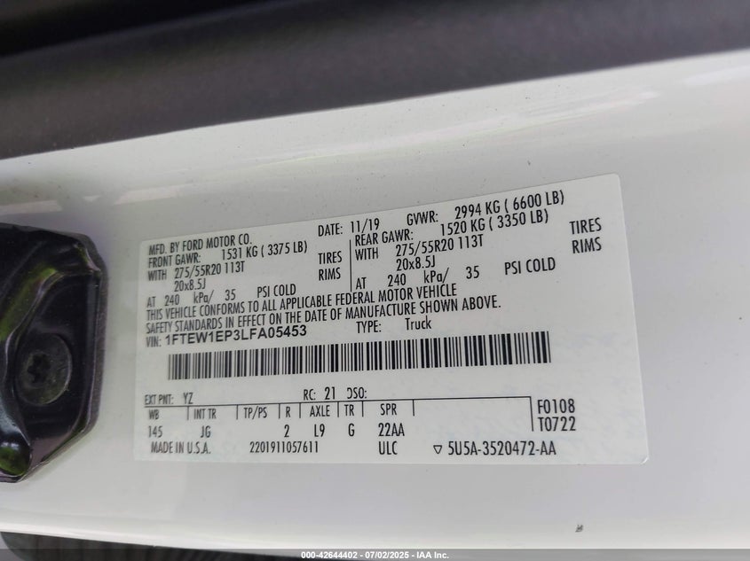 VIN 1FTEW1EP3LFA05453 2020 FORD F-150 XL