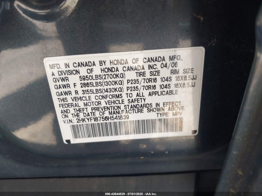 2006 HONDA PILOT VIN: 2HKYF18756H541839