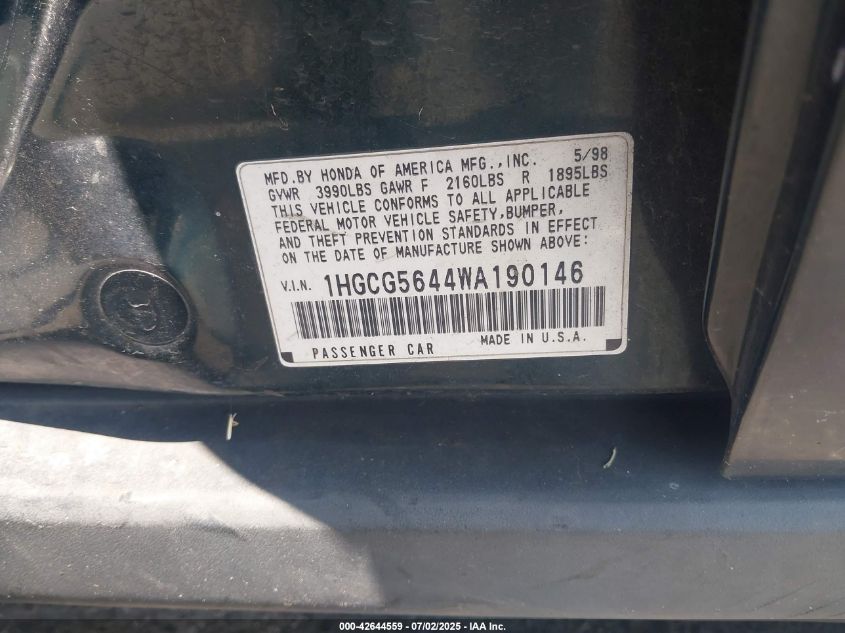 1998 Honda Accord Lx VIN: 1HGCG5644WA190146 Lot: 42644559