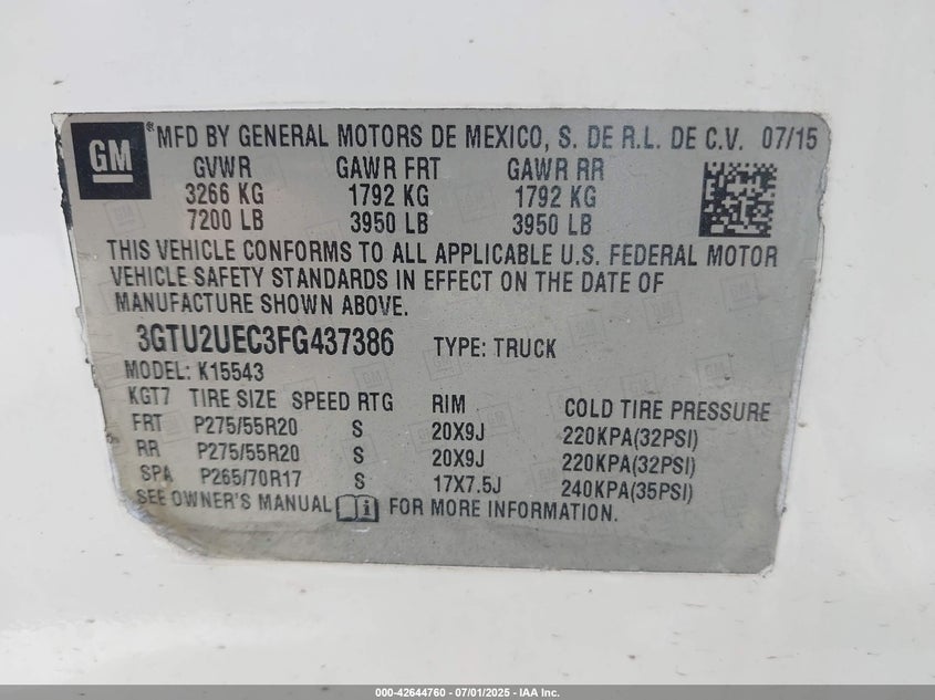 2015 GMC SIERRA 1500 SLE - 3GTU2UEC3FG437386