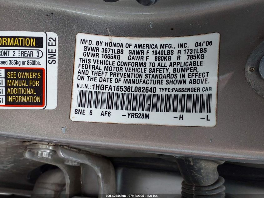 2006 Honda Civic Lx VIN: 1HGFA16536L082640 Lot: 42644898