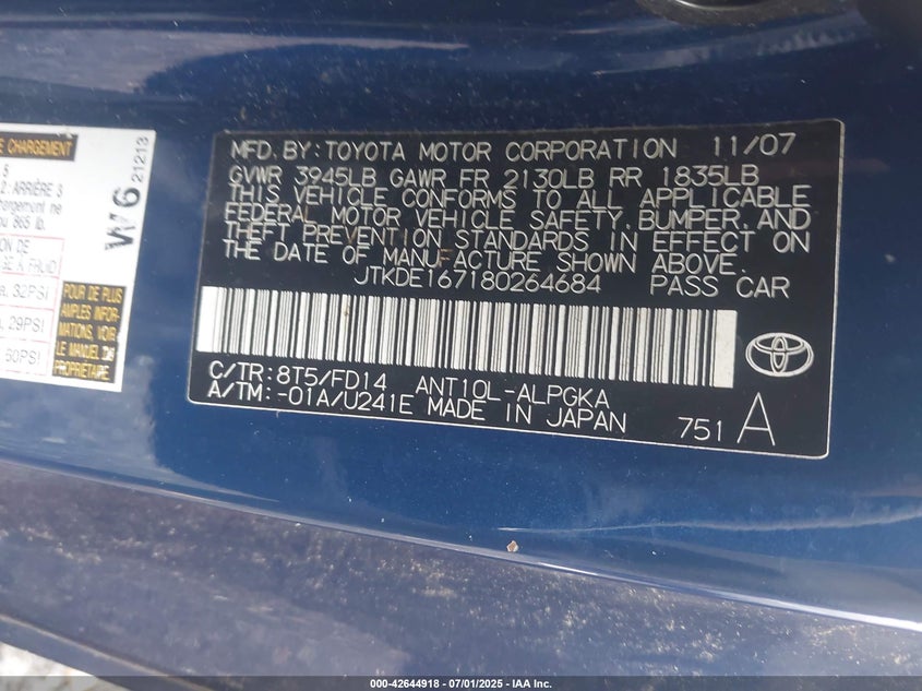 2008 SCION TC VIN: JTKDE167180264684