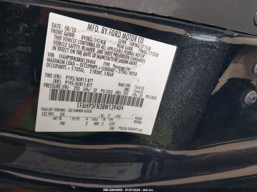 2011 Ford Focus Se VIN: 1FAHP3FN3BW139404 Lot: 42644959