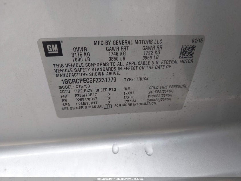 2015 CHEVROLET SILVERADO 1500 WT - 1GCRCPEC5FZ231779