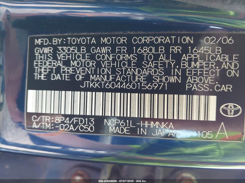 2006 TOYOTA SCION XA VIN: JTKKT604460156971