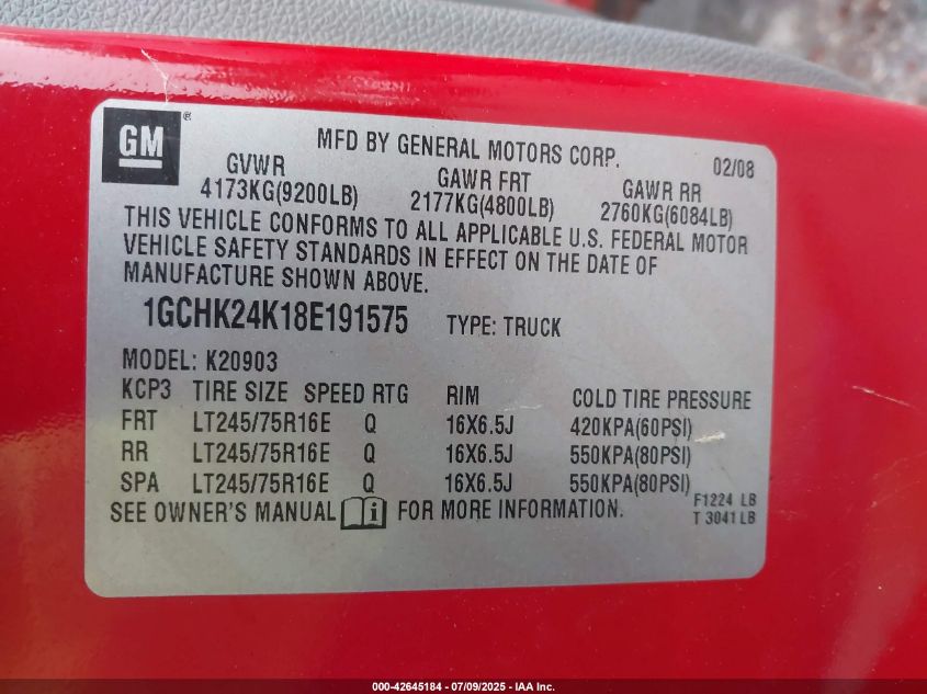 2008 Chevrolet Silverado 2500Hd Work Truck VIN: 1GCHK24K18E191575 Lot: 42645184