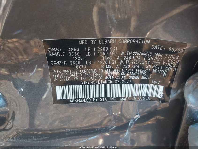 2020 SUBARU OUTBACK LIMITED - 4S4BTANC5L3202677