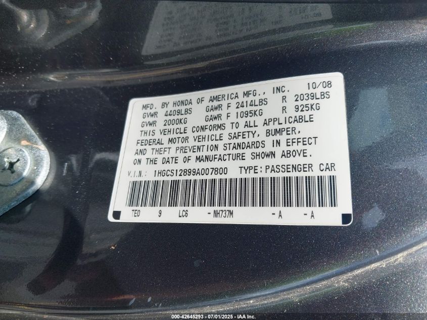 2009 Honda Accord 2.4 Ex-L VIN: 1HGCS12899A007800 Lot: 42645293
