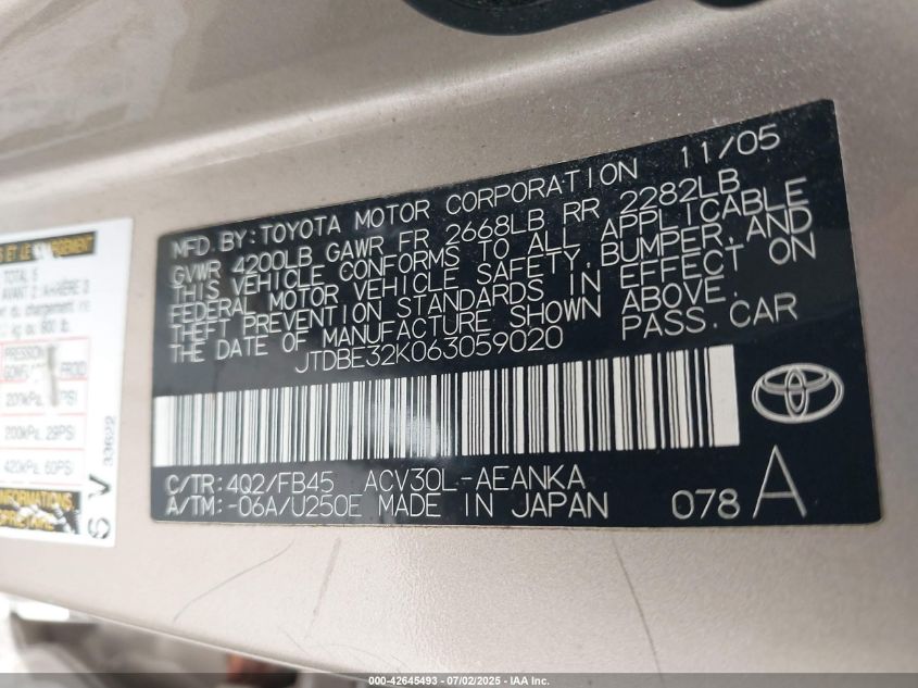 2006 Toyota Camry Std VIN: JTDBE32K063059020 Lot: 42645493