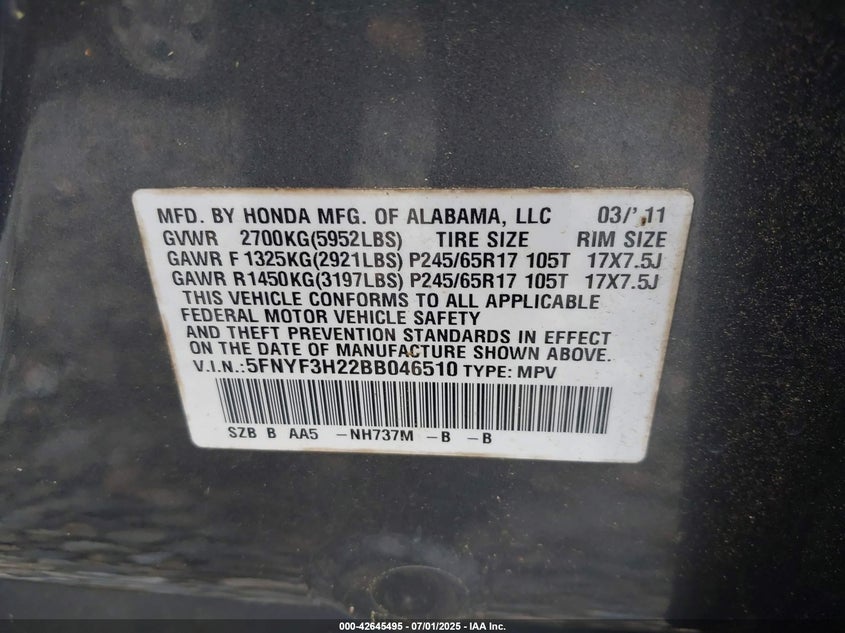 2011 HONDA PILOT VIN: 5FNYF3H22BB046510