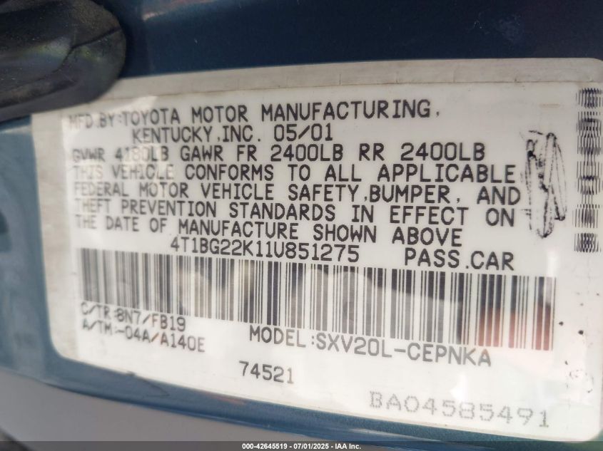 2001 Toyota Camry Le VIN: 4T1BG22K11U851275 Lot: 42645519