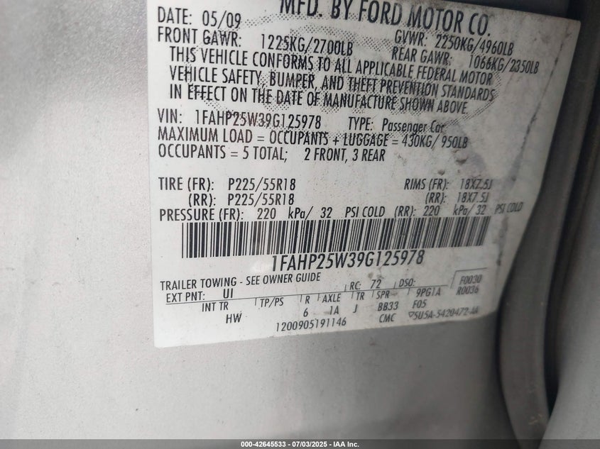 2009 FORD TAURUS VIN: 1FAHP25W39G125978